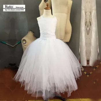 Spageti Siksnas Puķu Meitene Kleitas pirmās komūnijas kleitas meitenēm Pasūtījuma bumbu kleita balta, izlaiduma tērpi bērniem