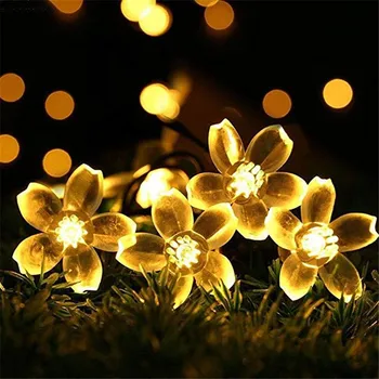 Jaunas 50 LED 7M Persiku Ziedu, Saules Lampas Jaudas LED String Pasaku Gaismas Saules Vītnes Dārza Mājas, Ziemassvētku Dekori Āra