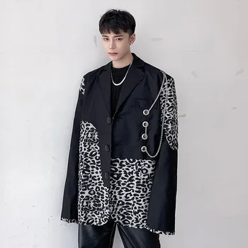 Vīrieši Leopard Salaist Dzelzs Ķēdes Gadījuma Zaudēt Uzvalks, Žakete, Jaka, Vīriešu Streetwear Hip Hop Žakete Skatuves Modes Skatē Apģērbi