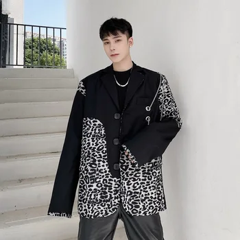 Vīrieši Leopard Salaist Dzelzs Ķēdes Gadījuma Zaudēt Uzvalks, Žakete, Jaka, Vīriešu Streetwear Hip Hop Žakete Skatuves Modes Skatē Apģērbi
