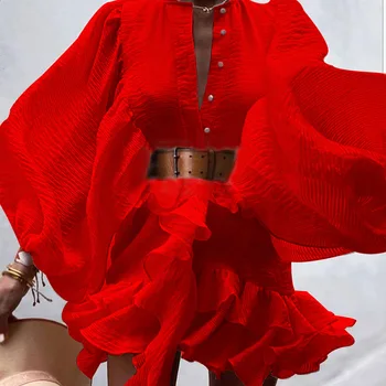2020. Gadam, Sievietēm, Eleganta Ruffles Kleita Zaudēt Ilgi Laternu Piedurknēm Kleita Vintage Sexy V Kakla Mini Kleita Rudens Vasaras Puse Kluba Vestido