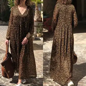 Modes Leopards Drukāt Maxi Kleita Sieviešu Vasaras Sundress ZANZEA ir 2021. Sexy V-Neck Beach Ilgi Vestidos Sieviešu Augsto Vidukli Drēbes 5XL
