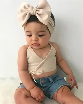 Jaundzimušais Meitene Apģērbu Komplekts V-veida kakla Topi un Īsu Džinsa Elsas 2pcs Set Modes Summer Infant Bērnu Apģērbs