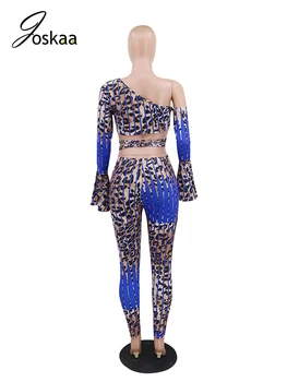 Joskaa Leopards izdrukāt Sexy 2 Gabals Komplekti viena pleca, Sieviešu Klubs Tērpiem Izlīdzināšanu Piedurknēm Kultūru Tops un Bikses izgriezums atbilstības Komplekti