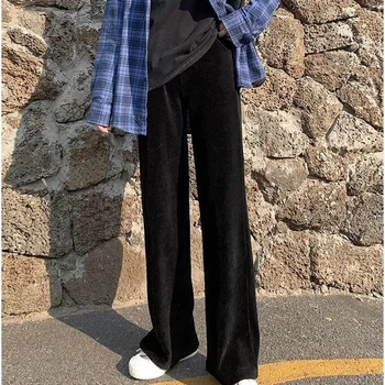 Sieviešu Bikses Gadījuma Pilna garuma Velveta Cietā Zaudēt Elastīga, Augsta Vidukļa Plaša Kāju Bikses Koledžas Vintage Vienkārši Slim Streetwear