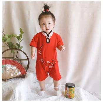 Baby Girl Tang Tērpi Ķīniešu Stilā Sarkanā Kombinezonus Klasiskā Plūmju Ziedu Raksts, Kostīmu Viens Gabals Cheongsam Apkakles Zīdaiņu Jumpsuit