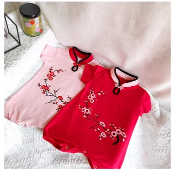 Baby Girl Tang Tērpi Ķīniešu Stilā Sarkanā Kombinezonus Klasiskā Plūmju Ziedu Raksts, Kostīmu Viens Gabals Cheongsam Apkakles Zīdaiņu Jumpsuit