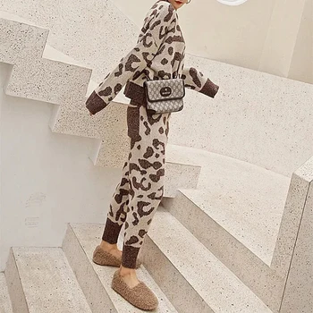 Brīvs Leopard Trikotāžas Divdaļīgs Kostīms Sieviešu Ikdienas O-Veida Kakla Džemperi, Topi + Adīt Harēma Bikses Kafijas Streetwear Tracksuit Sieviete