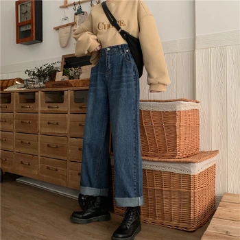 Augsta Vidukļa Sieviešu Džinsi, Plats Kāju Džinsa Zilā Streetwear Vintage korejiešu Stilā Visu maču Vienkāršu Pilna garuma Jean Bikses Bikses