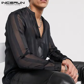 INCERUN Modes Vīriešu Acu Krekls, Svītraina Pārredzamu Ir 2021. Dziļu V veida Kakla Sexy garām Piedurknēm Puse Naktsklubs Krekli Streetwear Camisas