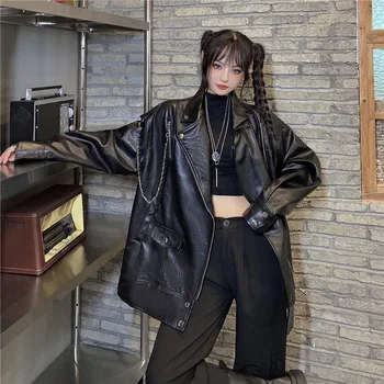 Japāņu Modes Sievietes Vaļīgas Ādas Moto Jaka Šiks Streetwear Garām Piedurknēm Mētelis Virsdrēbes Korejas Lielās Ielas Melns Ādas Augšu