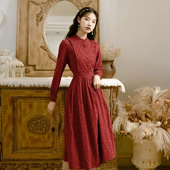 2019 jaunu modes sieviešu apģērbs Vintage sarkana rudens garām piedurknēm kleita kleita sievietēm