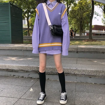 4 krāsas 2019 korejas preppy stils, V-veida kakla krāsu salikuma v kakla vestes džemperi sieviešu trikotāžas džemperi (X997)