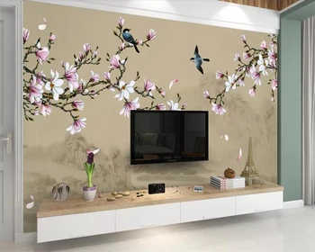 Custom tapetes, sienas magnolijas roku apgleznoti smalkas ziedu un putnu TV fona sienu dekoratīvais krāsojums 3d tapetes