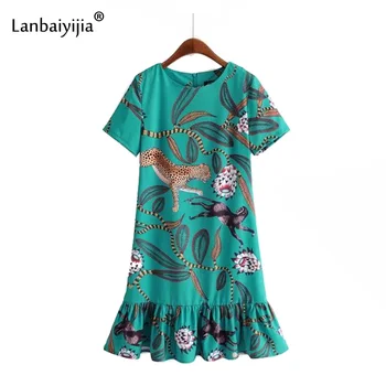 Lanbaiyijia Jaunākās Sieviešu Kleita ar Īsām piedurknēm kleitas Sievietēm Ziedi Dzīvnieku print kleita Vasaras augsta vidukļa zemāku hem Ruffles kleita
