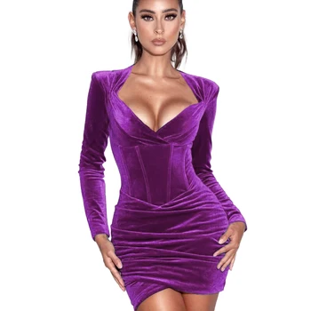 Sexy Bodycon Kleita Dāmas Sarkanā Samta Ruched Apvalku Saspringts Puse Kluba Apģērbs, Sieviešu Apģērbs, Rudenī, Pavasarī Modē Ir 2021. Jauno Hit