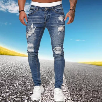 Vīriešu Ripped Izdilis Džinsi Zilā Slim Fit Caurums Zīmuļa Bikses Biker Gadījuma Bikses Streetwear 2020. Gadam Augstas Kvalitātes Džinsa Cilvēks Apģērbi