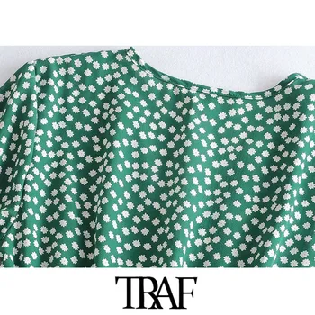 TRAF Sieviešu Šiks Modes Ziedu Drukāt Kroku Mini Kleita Vintage V Kakla Īsām Piedurknēm Sānu Priekšgala Saistīts Sieviešu Kleitas Mujer