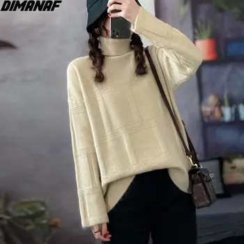 DIMANAF ir 2021. Plus Lieluma Sieviešu Džemperi Adīšanas Silts augstu uzrullētu apkakli Modes Cietā Pleds Ikdienas Stila Vintage Rudens Jaunas Brīvs Džemperis
