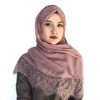 Musulmaņu Mežģīņu šalle hijab sieviete vienkāršā lakatu, ietin baltā mežģīņu foulard femme islāma kokvilnas lakatu arābu pērles vadītājs wrap šalles