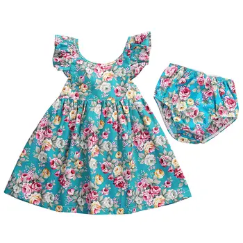 Toddler Zīdaiņiem Un Bērniem, Bērnu Meitene Kleita Zilā Ziedu Savirmot Sundress Meitenes Vasaras Kleitas Biksītes Tērpiem Ikdienas Bērnu Apģērbu