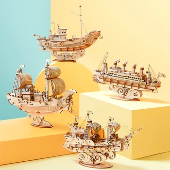 Robotime Jauni 4 Veida DIY Vintage Buru Kuģis, 3D Koka Puzzle Spēle Montāža Laivu Rotaļlieta Dāvana Bērniem, Pusaudžiem, Pieaugušajiem TG