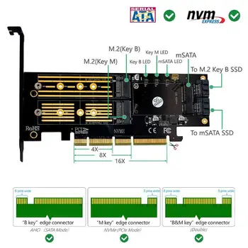3 in 1 mSATA M. 2 PCIE NVMe SSD diska PCI-E 3.0 4X SATA 3.0 Adapteris Kartes M2 NVMe SATA AHCI mSATA Cietvielu Diska Konvertētājs