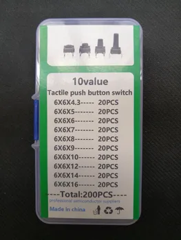 200pcs=10values*20pcs slēdzis komplektā 6*6*16mm/14/12/10/9/8/7/6/5/4.3 mm, augstums mikro Nospiediet pogu/touch Switch Box 6x6mm Sortiments