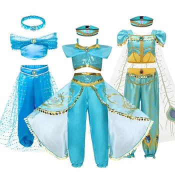 Meitenes Halloween Jasmīns Kleitu Bērniem Karnevāla Puse Aladdin Arābijas Princese Kostīmu Bērnu Apģērbu Vasaras Sequined Apģērbs