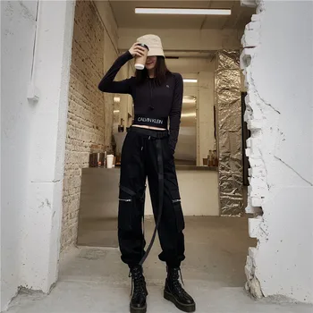 Sieviešu Augsto Vidukli, Streetwear Kravas Bikses ar Jostas Sieviešu Modes Gadījuma Rāvējslēdzēja Kabatas Bikses Vaļīgas Skriešanas Bikses