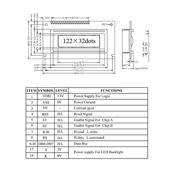DC 3.3 V LCD12232 LCD Displeja Modulis, White Raksturs Zila Fona 12232 Dot Matrix 122x32 Ekrāna SED1520 Vadītāja