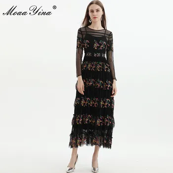 MoaaYina Augstas Kvalitātes Modes Dizainera kleita Pavasara Sieviešu Kleita ar garām Piedurknēm Acs Izšuvumi Kaskādes Savirmot Vintage Kleitas