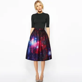 Elegants 3D Zvaigznes Galaxy Drukāt Ceļa Garums Sieviešu Svārki ar Augstu Jostas Lielgabarīta Bumbu Kleita Posmā Preppy Apakšā Nobriedusi Dāma Sexy Svārki