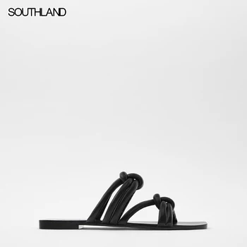 SOUTHLAND sieviešu kurpes melnā cauruļveida ādas Sieviešu Čības Vasarā dzīvoklis Modes Zīmola Sandales kurpes