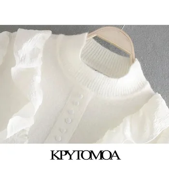 KPYTOMOA Sieviešu 2020. Gadam, Modes Raibs Mežģīņu Adīti Vintage Džemperis ar Augstu Apkakli, Laternas Piedurknēm Sieviešu Džemperi Šiks Topi