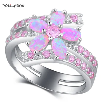 ROLILASON Luksusa Dzirkstošais Ziedu Stils Rozā Uguns Opāls Sudraba Zircon Modes Rotaslietas, Gredzens ASV Sz #5#6#7#8#9#10 OR880