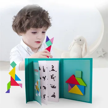 Magnētiskā 3D Jigsaw Puzzle Tangram Domāšanas Apmācību galda Spēles, Koka Rotaļlietas Bērniem, Meitenēm, Izglītības Montessori Rotaļlietas, Dāvanas