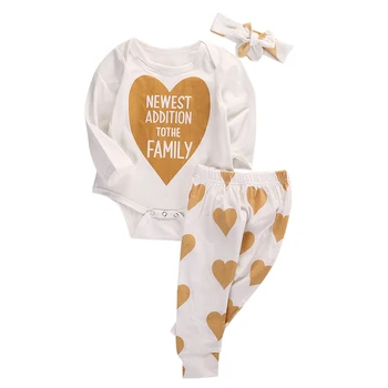 0-18M Jaundzimušā bērna Baby Zēni Meitenes Drēbes ar garām Piedurknēm Zelta Sirds Kokvilnas Romper Bikses Galvu 3pcs Tērpiem k Apģērba Komplekts