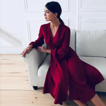 MOARCHO Sexy V-neck Vērtnes Midi Kleitas, Sievietēm, Eleganta Laternu Piedurknēm-line Puse Kleita 2020. Gada Rudenī Jaunā Modes Sieviešu Apģērbs
