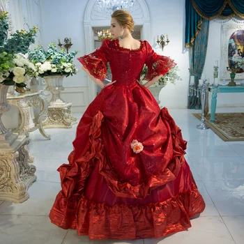 18. Gadsimta Karaliskās Viktorijas Puse Princese Kleita Sarkanā Laukuma Apkakles Īss Uzliesmojums Piedurknēm Marie Antoinette Bumbu Tērpi Sievietēm