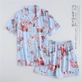 Vasaras Viskoze bikses, pidžamas komplekti sievietēm sleepwear Japāņu Svaigu Ziedu Īsām piedurknēm pidžamas komplekti sievietēm
