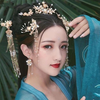 Līgavas Galvassegu Ķīniešu Tradicionālās Matu Crown Set Dragon un Phoenix Aksesuāri, Kāzu Matu Aksesuāri