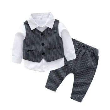 PureMilk Kokvilnas Zīdaiņu Zēnu Drēbes, Jaundzimušā Apģērbu Komplekts 3pcs/komplekts Balts Krekls+Veste+Bikses Svītrainām Bērnu Drēbes