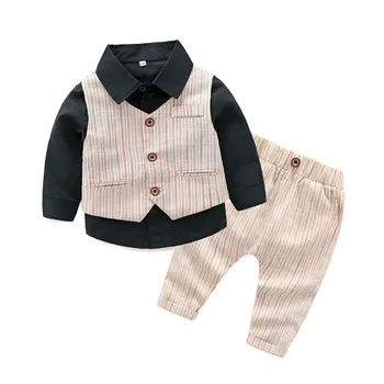 PureMilk Kokvilnas Zīdaiņu Zēnu Drēbes, Jaundzimušā Apģērbu Komplekts 3pcs/komplekts Balts Krekls+Veste+Bikses Svītrainām Bērnu Drēbes