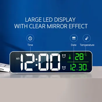 Digitālais modinātājpulkstenis Guļamistaba,Modinātājs ar USB,12/24H & Date & Temp LED Displejs,Spogulis, Modinātājs uz Gultas,Biroja