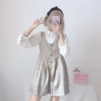 Japāņu Sievietes Kawaii 2 Gab. Komplekts Mori Meitene Baltā Mežģīņu Blūze Pelēkā Vilnas Pleds Slim Mini Sundress Gudrs Preppy Stils Tērpiem