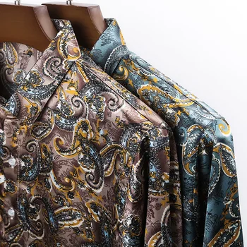 Neparastas Luxury Vintage Vīriešu Apģērbu Zīda Krekls Mens Satīna Zaļa Blūze Ar Indijas Ziedi Retro Baroka Blūzes Lielā Izmēra