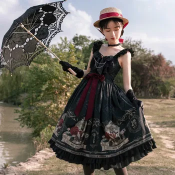 Japāņu Lolita JSK Kleita Lakstīgala un Roze Gothic Tumši Vintage Viktorijas Princese Tēja Puse Kleita bez Piedurknēm Lolita Kleitas