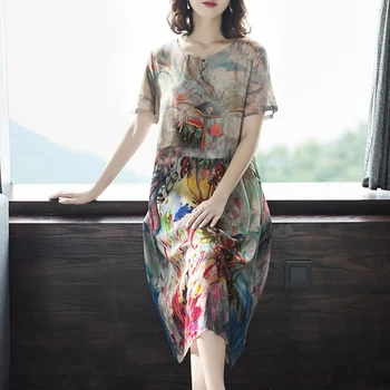 Elegants, Garas Zīda Kleitas Jaunu 2020. Gada Vasaras Dāmas Zaudēt Ziedu Printed Kleita Sieviešu Vintage Puse Drēbes Vestidos Plus Izmērs L-5XL