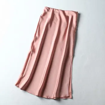 Ir 2021. Vasaras Augsta Vidukļa Vintage Sievietēm-Line Rozā Svārki Modes Dzidri Krāsu, Elegants Satīna Midi Garuma Svārki Faldas Jupe Femme Saia